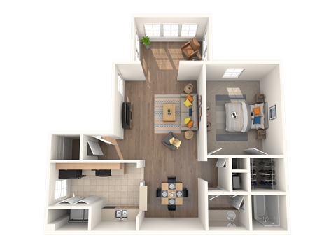 Floor plan for 1 bed, 1 bath, 890 sqft